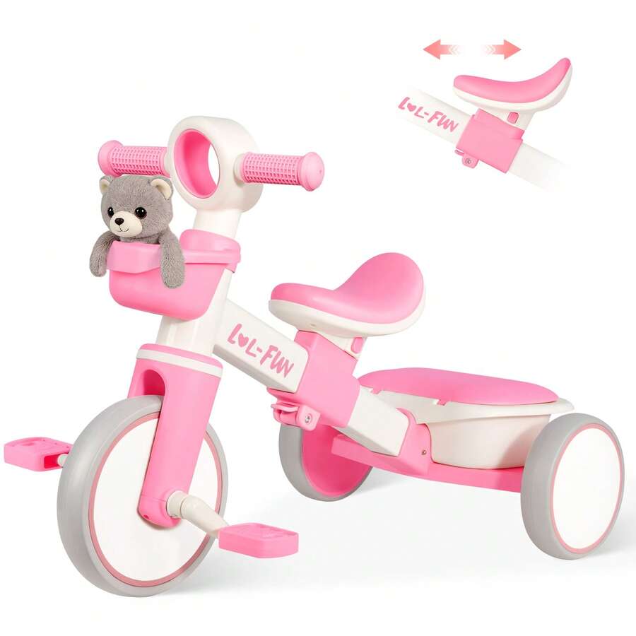 Tricycle For Toddlers 1-3 Years Old Toy, Adjustable Kids Bike For Boys Girls Birthday Gift Age 2-4, Baby Trike With Storage Baskets & Removable Pedals - Pink - View 1