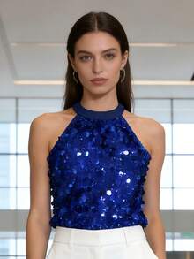 Women's Solid Color Sequined Crew Neck Halter Top  Soft Breathable Y2K Daily Club Party - Blue - View 4