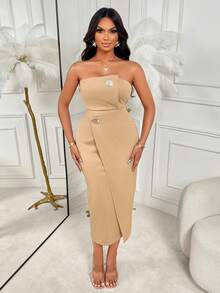 AIJ Amarilo Asymmetric Tubular Dress With Metal Buckle, Fitted Mid-Length Summer Elegant - Khaki - View 1