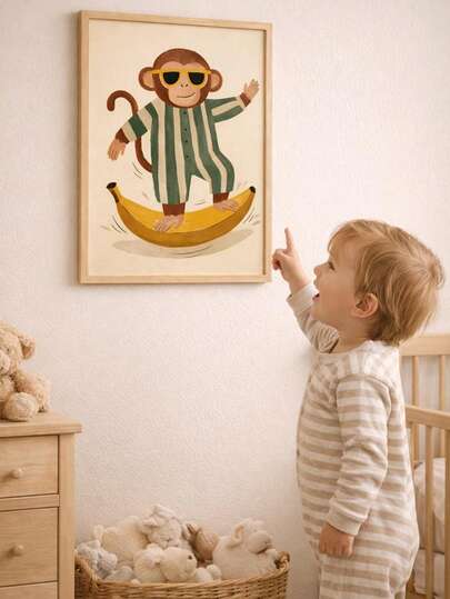 1pc, Canvas Waterproof Wall Art, Framed Nursery Wall Decor, Monkey Surfing Banana Poster, Kids Room Decor, Modern Boy's Room Wall Art, Playroom Gift, Surfing Animals, Rustic Art, Children's Room Wall Decor, Bohemian Decor, Whimsical And Adorable Kids Room Art, Vibrant Modern Wall Decor, Cartoon Animal Decorative Art
