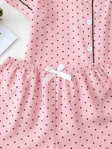 2pcs/Set Women's Mini Polka Dot Printed Pajama Set With Contrast Trim Button-Down Shirt And Bow Tie Shorts, Perfect For Home Wear In Summer White Set,Two Pieces Set - 粉色 - 查看 7