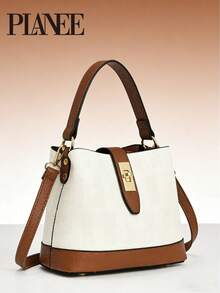 PLANEE 女士双色手提包，配金色锁扣 – 斜挎包/手提包，纹理仿皮单肩包，适合日常使用 - 彩色 - 查看 1