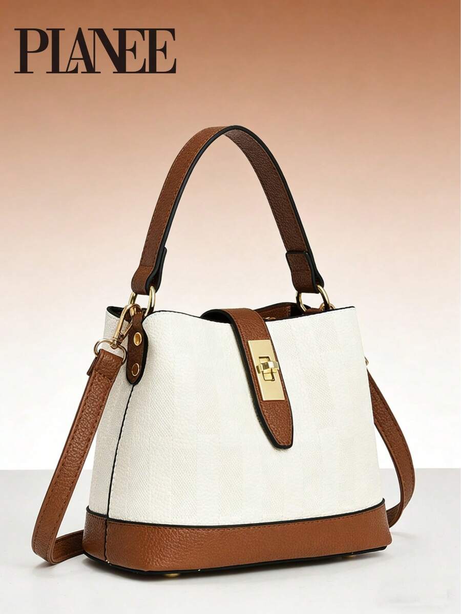 PLANEE 女士双色手提包，配金色锁扣 – 斜挎包/手提包，纹理仿皮单肩包，适合日常使用 - 彩色 - 查看 1