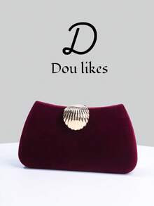 1pc Luxury Velvet Box-Shaped Party Clutch, Scallop-Shaped Rhinestone Decor Evening Bag With Metal Chain, Suitable For Banquet, Ball, Formal Dress, Party, Wedding, Prom, Formal Dinner - Burgundy - View 3