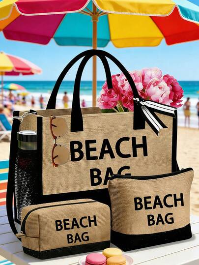 Juego de bolsa de playa de gran capacidad para mujeres, bolsa de lona con estampado de "Beach Bag", bolsa de playa para accesorios de playa, bolsa de compras reutilizable con neceser y estuche pequeño, artículos esenciales de verano, bolsa de regalo para vacaciones, bolsa esencial de verano, bolso de mano para uso diario, cumpleaños, playas, viajes, ir y venir, negocios, estudiantes, picnics, campamentos, vacaciones, piscina, fin de semana. Gran regalo para mujeres, madres, maestras, amigas, damas de honor, estudiantes