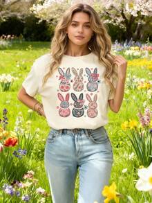 Camiseta de mujer de manga corta, cuello redondo, casual de verano - Albaricoque - Ver 4