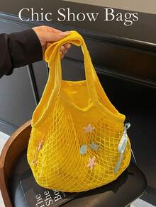 女士时尚夏季海星贝壳针织网眼包度假手提包大容量单肩包 - 黃色 - 查看 10