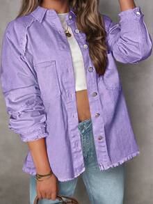 Plus Size Women's Loose Fit Pink Jacket With Raglan Sleeves And Tassel Trim, Suitable For Spring And Autumn Casual - Purple - View 7