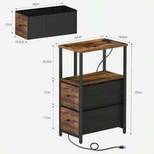 2 Pcs Mesita de Noche Buró para Recamara con Estación de Carga Mesas Auxiliares con 2 Cajones de Tela y Estante de 2 Niveles para Dormitorio Espacios Pequeños Mesa Auxiliar Mueble Lateral - NegroMadera - Ver 3