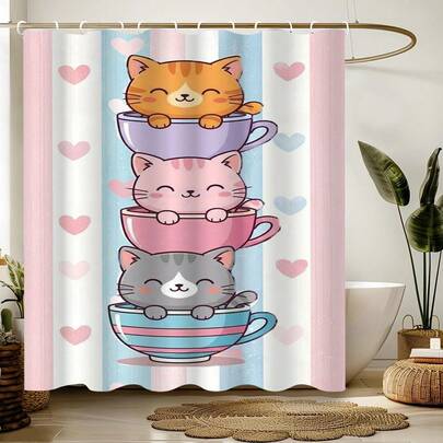 1件卡通拼接彩虹猫浴帘，趣味动物印花浴帘，适用于各种房间门窗、浴室装饰隔断、浴室配件