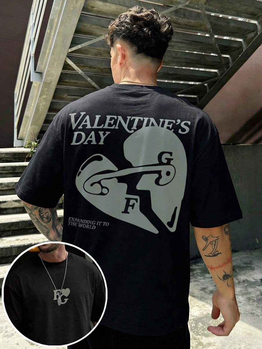 FRACTYR 男士休闲街头风宽松爱心图案圆领短袖T恤，夏季款 - 黑色 - 查看 1
