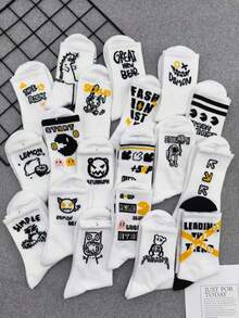 5 Pasang Kaos Kaki Putih Model Crew dengan Motif Huruf & Angka Acak, Kaos Kaki Olahraga Unisex yang Modis - Putih - View 4