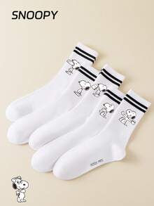 5/1 Pair SNOOPY Women's Mid-Calf Socks, Double Stripe Sports Socks, Cute Cartoon Pattern, Sweat-Absorbent, Casual, Versatile - Multicolor - View 1