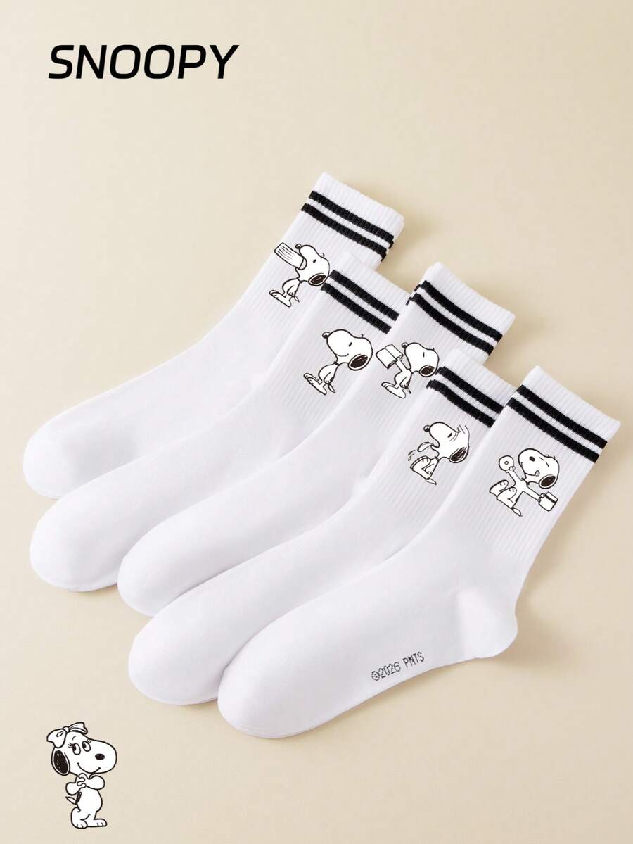 5/1 Pair SNOOPY Women's Mid-Calf Socks, Double Stripe Sports Socks, Cute Cartoon Pattern, Sweat-Absorbent, Casual, Versatile - Multicolor - View 1