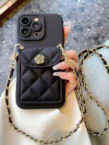 Argyle Pattern 1pc Camellia Rhombus Pattern Card Holder & Phone Case Suitable For IPhone 7 Plus - 17 Pro Max - Black - View 3