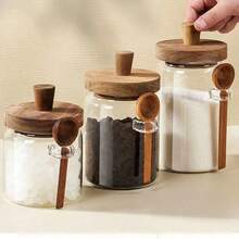 3pcs Transparent Glass Jars With Wooden Lids And Spoons, Household Storage Containers For Coffee Beans, Dried Fruits, Snacks, Glass And Wooden Material, Decorative Kitchen Storage Style, Transparent Jar Pattern, Suitable For Tea, Nuts, Sugar, Salt Food Storage Jars, Practical Countertop Storage - Multicolor - View 7