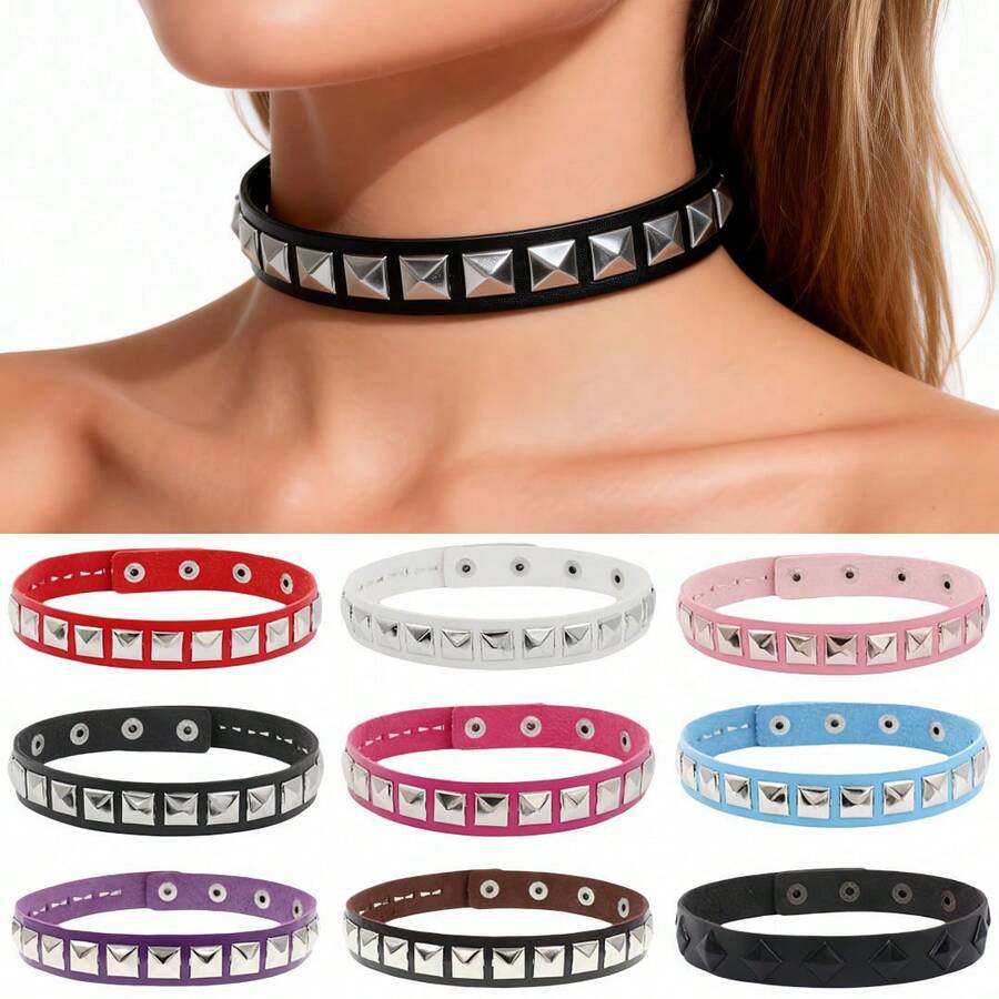 1PC Bridal Stud Choker Necklace In PU Leather, European And American Fashion Street Style Punk Gothic Harajuku Stud Collar Necklace, Suitable As A Gift For Friends And Sisters, Available In Multiple Colors: Black/White/Blue/Brown - Màu tím - Xem 1
