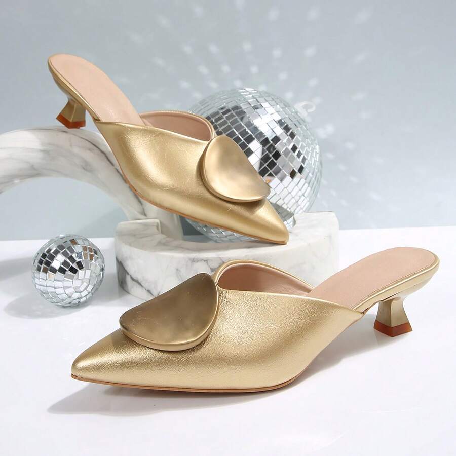 Mẫu giày mule thời trang nữ mới năm 2026, giày slip-on mũi nhọn khóa kim loại, dép gót nhọn màu vàng, giày hở gót thanh lịch dành cho quý cô. - Vàng - Xem 1