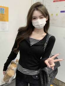 Striped Contrast Button 2 In 1/Deconstructed Office Casual Long Sleeve T-Shirt For Women, Spring & Autumn Black - Black - View 3