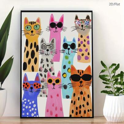 1幅色彩鲜艳、酷炫时尚的猫咪眼镜帆布艺术印刷海报，现代墙面艺术装饰画，时尚有趣的猫咪主题装饰，适用于卧室、客厅、办公室、书房、浴室、厨房、走廊、宿舍、公寓墙面装饰和家居装饰，是送给朋友的理想礼物。