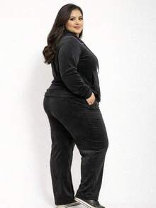 Pietra Plus Size Fleece Set, Autumn/Winter Collection, Women's Fashion, Super Versatile - Black - View 4