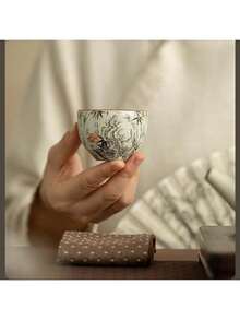 1pc Ru Kiln Crackle Glaze Bamboo Motif Ceramic Tea Cup, Suitable For Owner And Guests, Capacity 60ml, Gongfu Tea - Multicolor - View 6