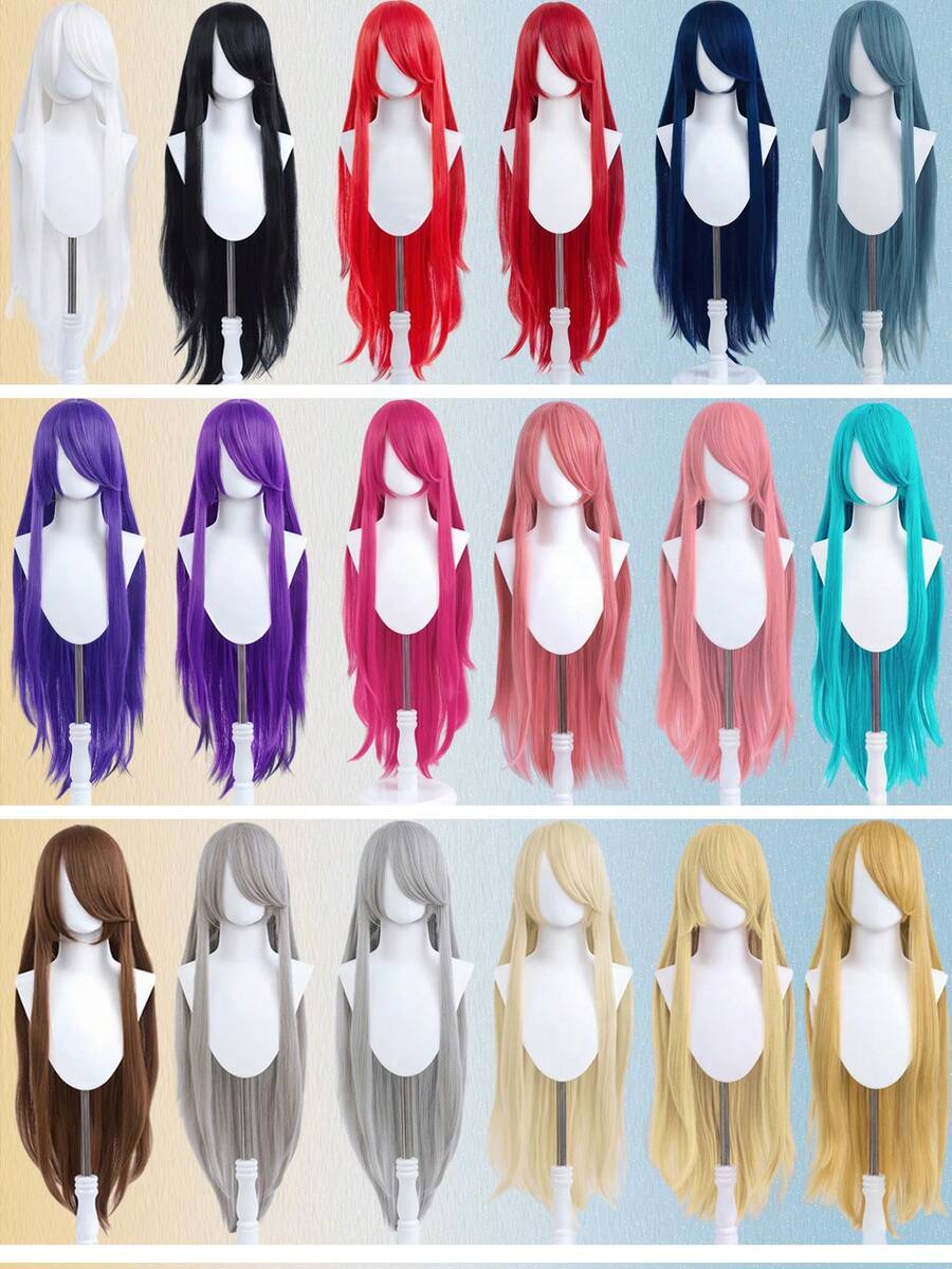 Tóc giả dài thẳng 100cm, chịu nhiệt, kiểu dáng anime cosplay, có các màu hồng, vàng, đỏ, tím dành cho nữ.