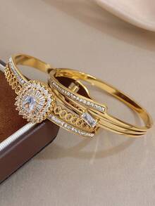 18K镀金不锈钢奢华优雅方形水钻手镯套装，女士适用，送给妈妈的礼物，适合日常佩戴、婚礼、派对、约会、海滩、沙滩饰品、母亲节礼物、情人节礼物、春季、婚礼用品、夏季配饰 - 彩色 - 查看 6