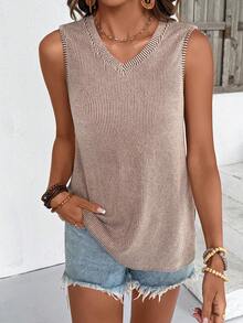 Women's Summer Casual Ribbed V-Neck Sleeveless Tank Top - Khaki - View 1