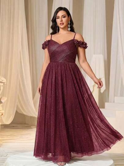 Elegant Floral Off Shoulder Strap Burgundy Bridesmaid Dress, Formal Evening Gown For Wedding Party