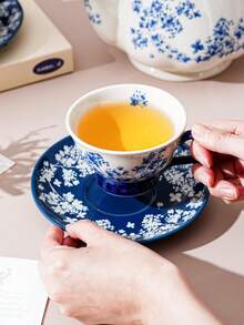 一套陶瓷花卉藤蔓简约优雅茶壶杯碟套装，北欧奢华高端绿蓝清新纯色花卉中国风简约陶瓷两件套茶壶杯碟套装，适用于餐厅、咖啡馆、书店、酒店、家庭，陶瓷餐具，咖啡杯，茶杯，下午茶茶壶 - 藍色 - 查看 6