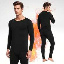 Men's Winter Set: Thermal Base Layer Shirt + Footless Tights - Preto-Masculino - Xem 1