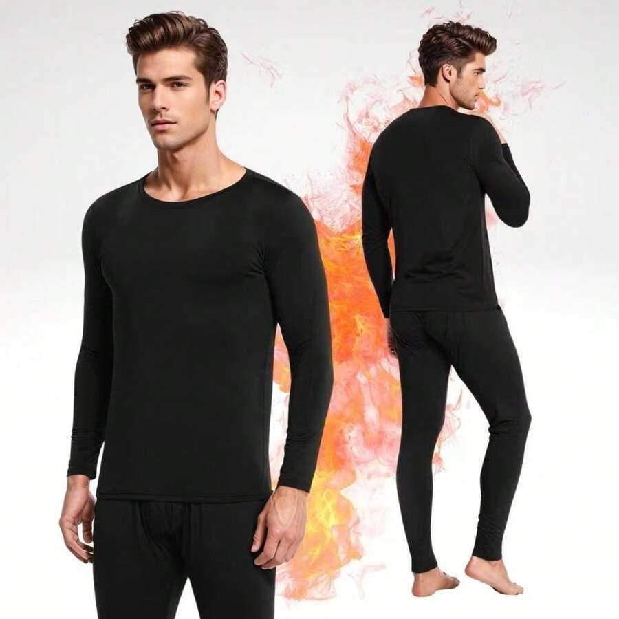 Men's Winter Set: Thermal Base Layer Shirt + Footless Tights - Preto-Masculino - Xem 1