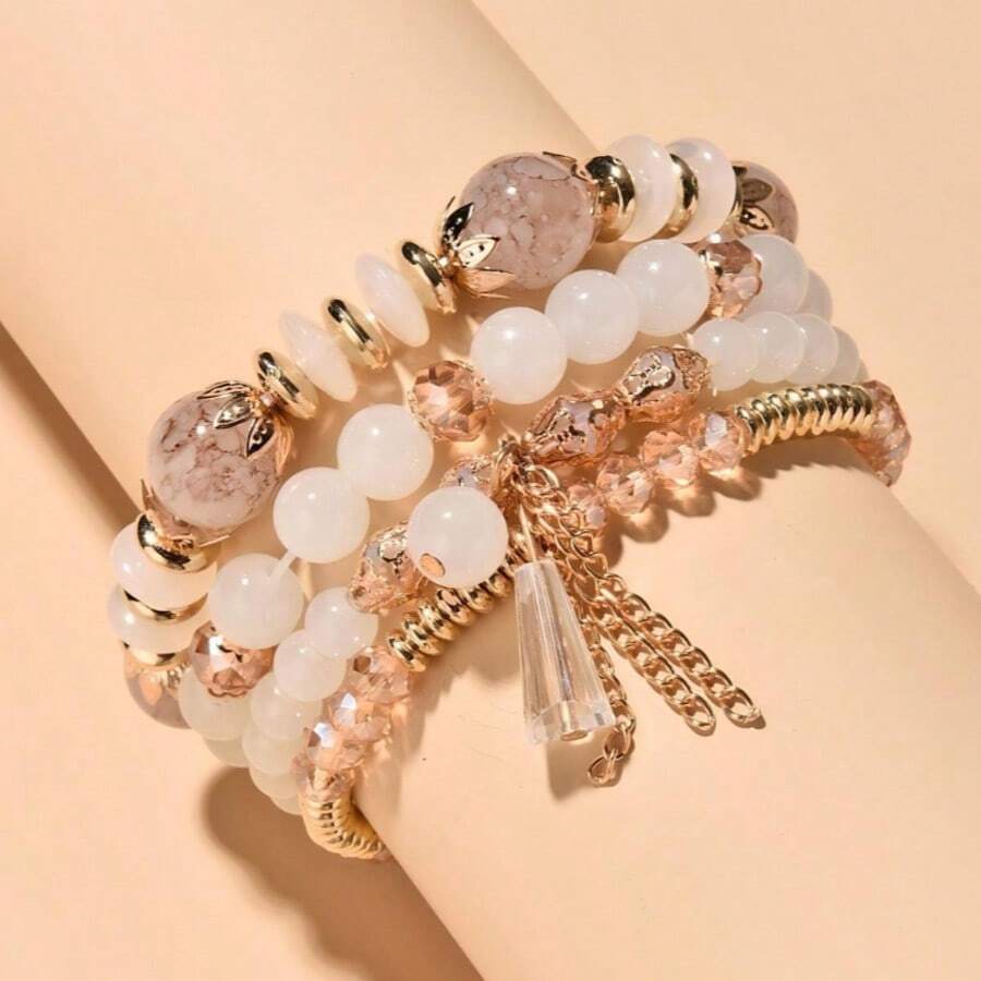 4pcs Crystal Glass Bohemian Style Beaded Bracelet - White - View 1