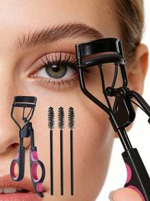 CIMACA 睫毛夹和睫毛膏刷套装（包含3支刷子），硅胶垫和符合人体工程学的手柄化妆工具，不锈钢睫毛夹配有柔软的硅胶垫，适合日常和旅行化妆 - 黑色 - 查看 1