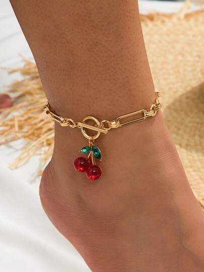 1pc Fashion Glass Bead, Cherry, Handmade Chain, Alloy Anklet For Women