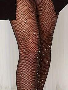 Women's Shiny Rhinestone Fishnet Socks 1 Pair |   Black Fishnet Stockings |   Elastic Pantyhose, Suitable For Parties And Everyday Wear - màu đen - Xem 3