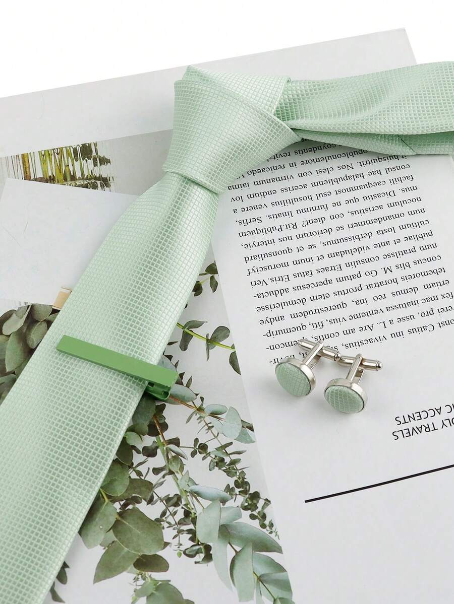 ZLQ&GOU 3pcs Minimalist Sage Green Men's Necktie + Tie Clip + Cufflinks Set, Polyester Micro-Plaid Slim Tie Suitable For Graduation, Prom, Wedding, Party, Daily Accessories, Gift - Mint Green - View 1