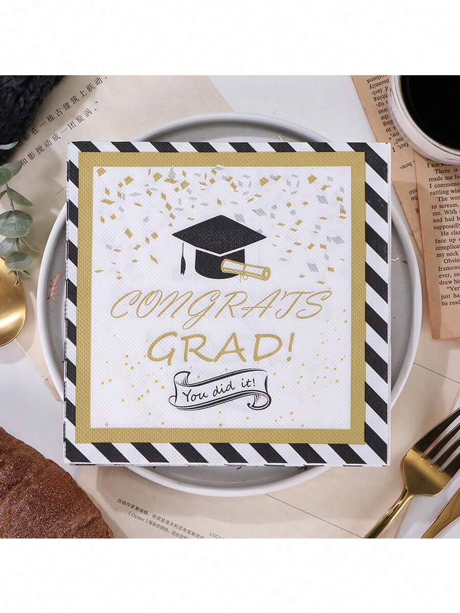 40/20pcs/Pack Graduation Season Napkins, Black & Gold Graduation Party Table Decor Napkins, Personalized Graduation Party Napkins, Perfect For Graduation Celebration - Multiple Styles - View 1