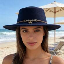 Men Women Felt Fedora Hat Stylish Decorative Butterfly Pendant Chain Design Panama Hat Wide Brim Jazz Cap - Dark Blue - View 2