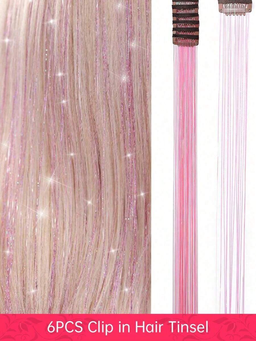 Hair Tinsel Kit Glitter Hair Tinsel Clip In Sparkling Shiny Fairy Hair Tinsel Hair Extensions For Halloween Christmas Party 22 Inch Pink 6PCS/PACK - Bạc - Xem 1