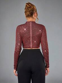 女性生日穿搭長袖上衣束腰上衣 外出穿搭亮面優雅重工亮片女款洋裝 適用生日派對週年紀念音樂節第四季 - 酒紅色 - 查看 3