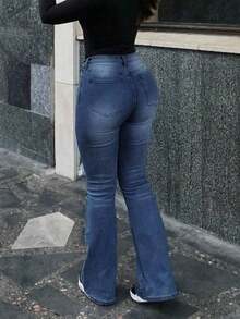 Jeans elásticos de tiro alto con efecto desgastado y acampanados, de uso casual para primavera - Azul lavado oscuro - Ver 2