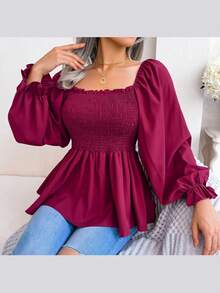 Long-Sleeved Chiffon Blouse With Ruffles And Square Neckline | Casual Style, New Spring/Summer Collection - 酒紅色 - 查看 4