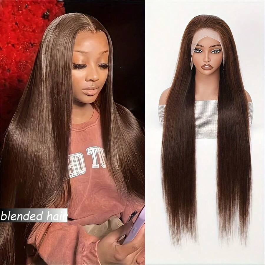 13x4 Real HD Lace Front Wig Human Blended Hair Ultra-Fitted Design Pre Plucked Natural Hairline Bleached Knots 180% Density Straight 0.10mm Ultra-Thin HD Lace Frontal Wig 8-36Inch Brown - Brown - View 1