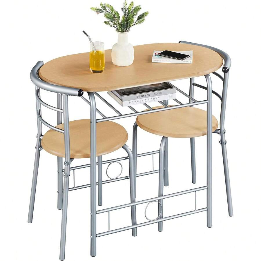 3 Piece Modern Dining Table Set, Kitchen Table And Chairs Set For 2, Breakfast Nook Table Set With Steel Legs And Storage Rack, 90x53x75.5 Cm - Natural - View 1
