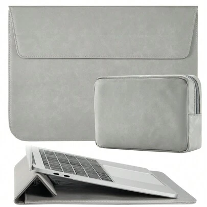 SENLASI PU Leather Laptop Sleeve 3 In 1 With Padded Bracket Support - Ergonomic Handbag For 13/14 Inch Air/Pro, Notebook With Built-In Mouse Pad And Briefcase Function, Grey