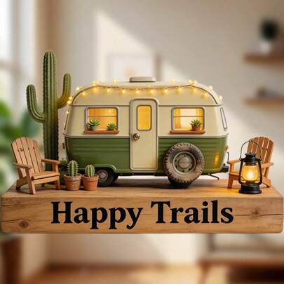 Wüsten-Retro-Wohnmobil mit Lichterkette & Kaktus-Magnet: gelb-grüner Körper, leuchtende Fenster & Topfpflanze, Holzsockel mit der Aufschrift "Happy Trails", Campingstühle & Laterne - ein gemütlicher kleiner Wüsten-Rückzugsort für deinen Kühlschrankmagnet