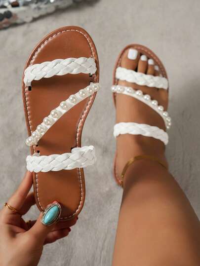 Women's Wide Width Flat Sandals, Elegant Fashion Comfortable Slip-On Sandals With Pearl Woven Strap, Versatile Casual Beach Holiday Flat Sandals