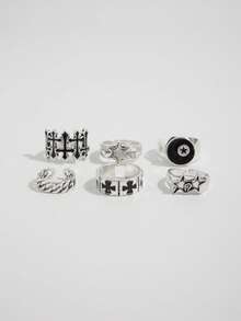 6pcs Fashionable Punk Star Cross Rings, Charming Jewelry For Men, Holiday Gift - Antique Silver - View 6